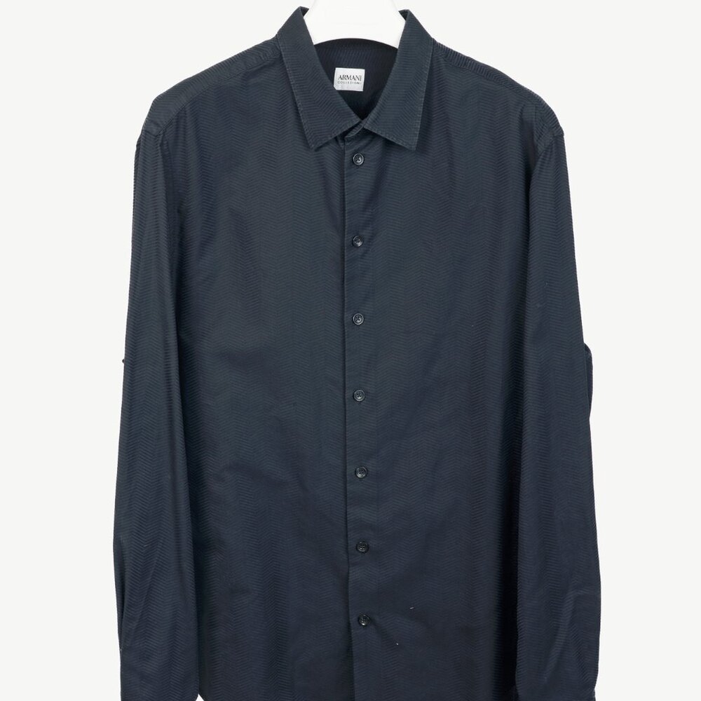 Armani Collezioni Navy Herringbone-Texture Cotton Buttoned Shirt